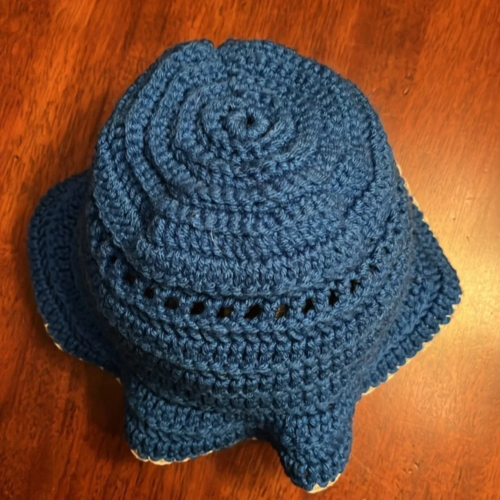 Handmade crochet bucket hat blue with white trim